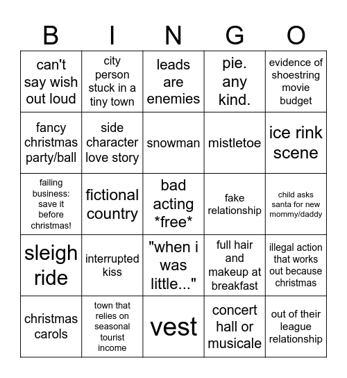 Terrible RomCom Christmas Movie Bingo Card