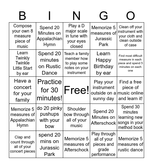 Spring Break- WIN Orchestra  Bingo Card