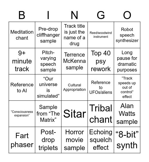 Psytrance Bingo Card