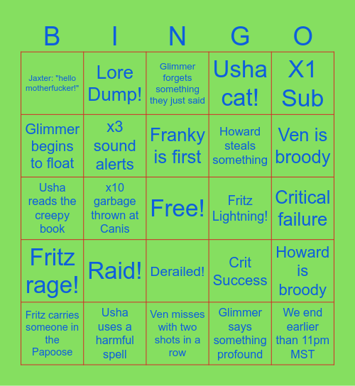 Ryleth Bingo Card