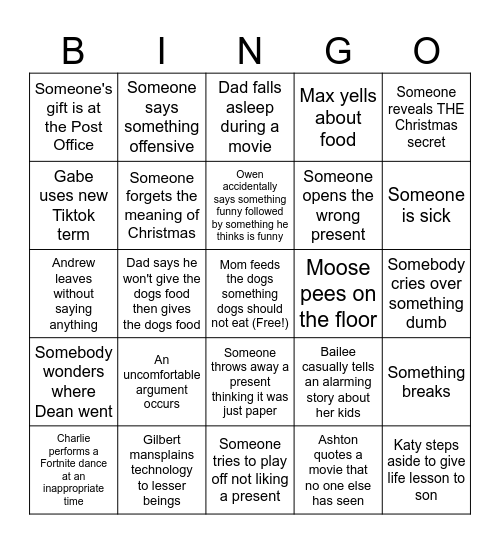 Shupe Christmas Bingo Card