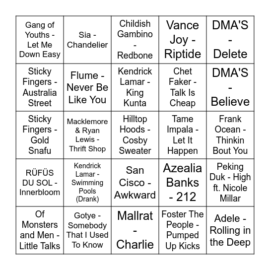 JJJ's hottest 100 (2010's) Bingo Card