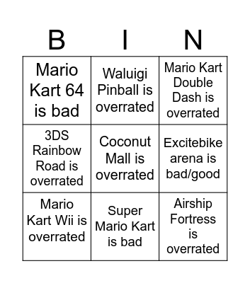 Mario Kart Hot Takes Bingo Card