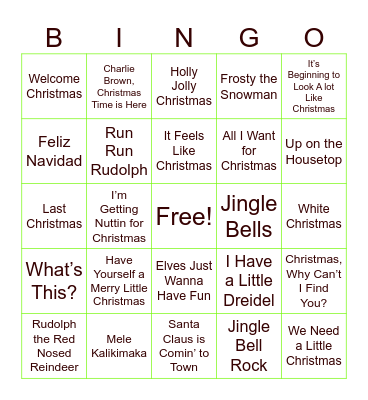 Holiday Hits Bingo Card