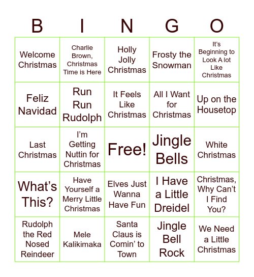 Holiday Hits Bingo Card