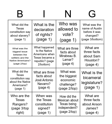 THE REPUBLIC OF TEXAS Bingo Card