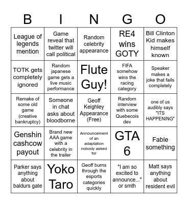 goty 2023 bingo Card