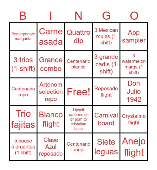 Cantina Bingo Card