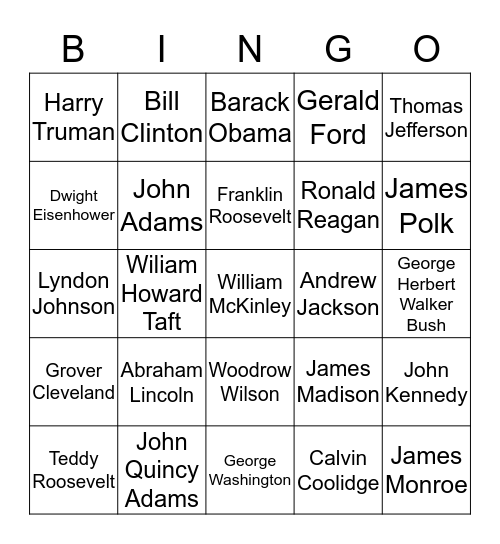 American Presidents Bingo Card