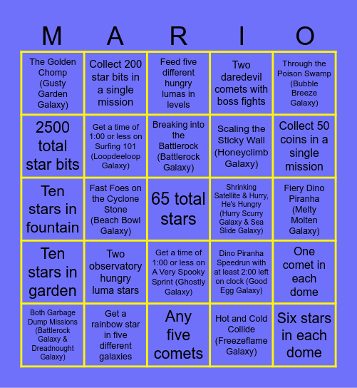 Super Mario Galaxy Bingo Card