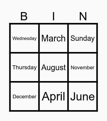 days & months Bingo Card