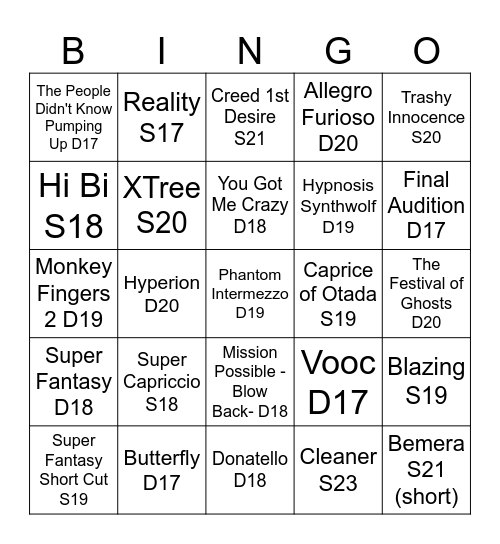 Cringe PIU bingo Card