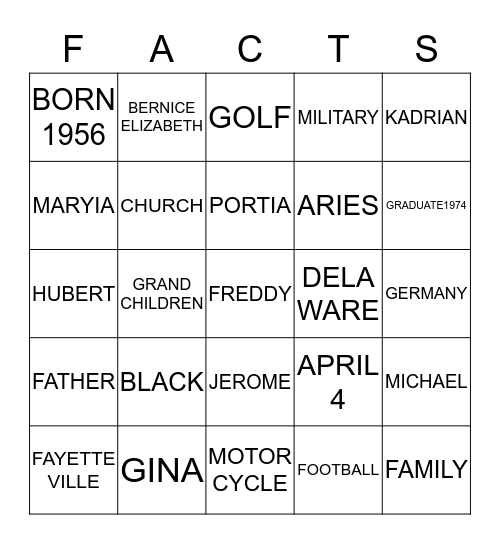 FREDDIE  Bingo Card