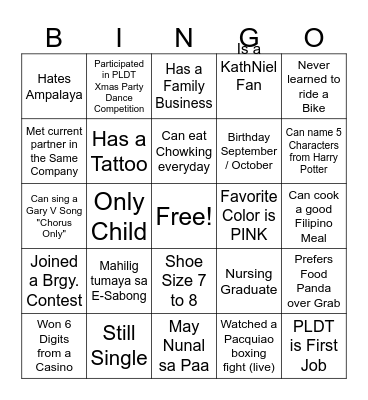 Ultimate Filipino Human Bingo Card