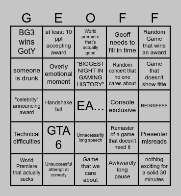 Game Awards 2023 Bingo Card