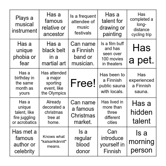 Ask around and write names of five people who is present and suitable :D Bingo Card