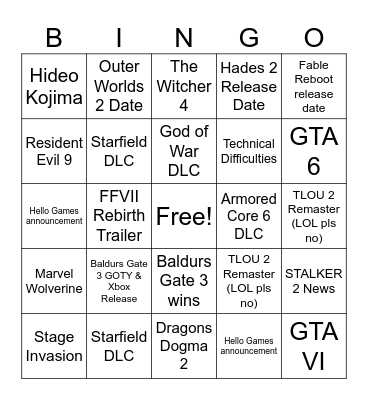 TGA 2023 Bingo Card