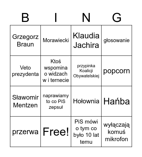 Bingo sejmowe Bingo Card