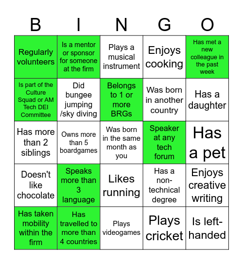Getting To Know You - Bingo Card