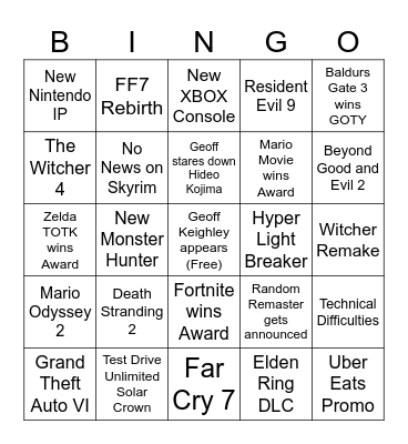 The Game Awards 2023 Bingo Card