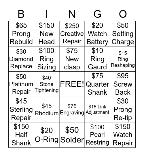 Kranich's Repair Bingo Card