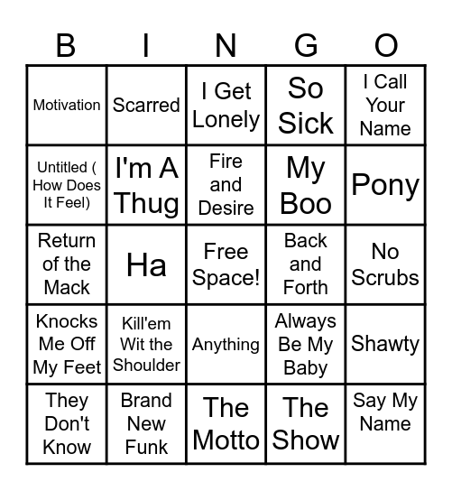 R & B / Hip Hop Bingo Card