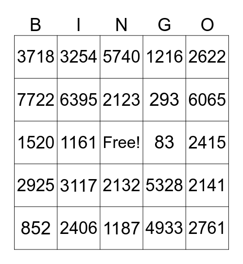 4 digit adding and subtracting Bingo Card