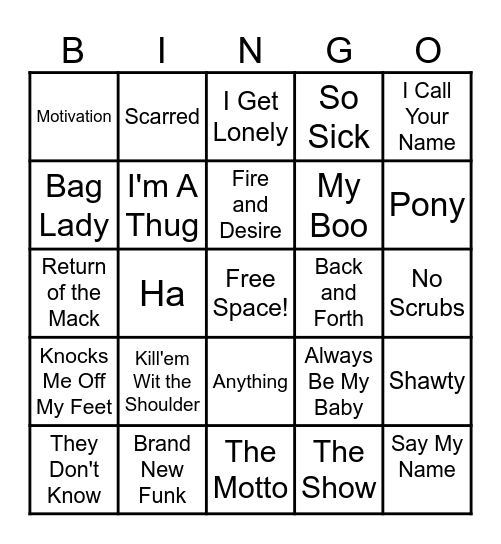 R & B / Hip Hop Bingo Card