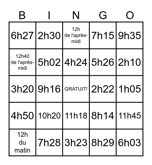 Quelle heure est-il? Bingo Card