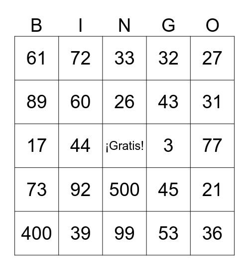 Números Grandes (1-1.000) Bingo Card