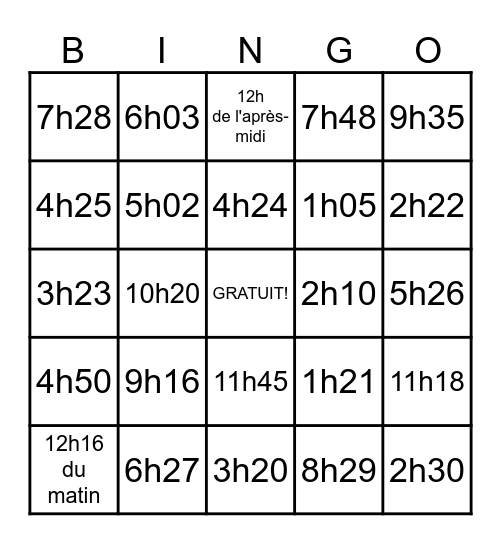 Quelle heure est-il? Bingo Card