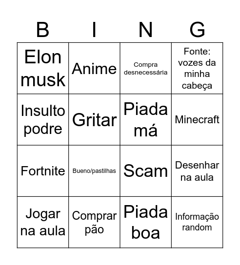 Pedro Bingo Card