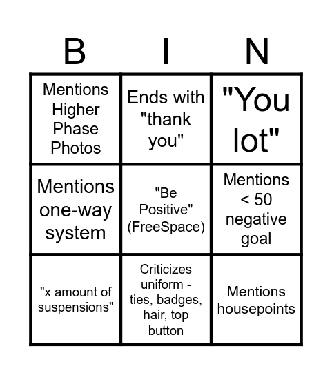 Morning Assembly Bingo :D Bingo Card