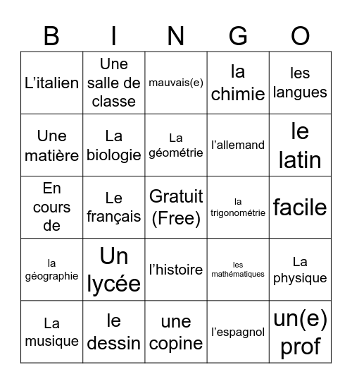 Chapitre 2 Vocabulaire Bingo Card