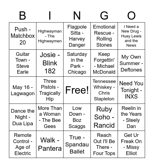Song Bingo Card