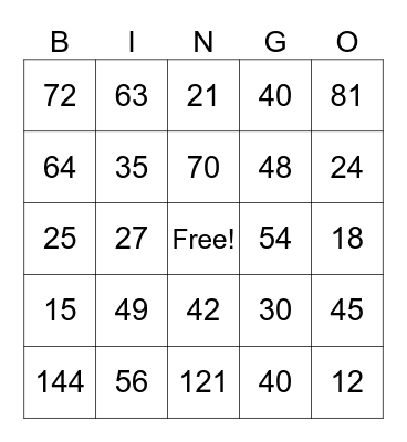 Multiplication Bingo Card