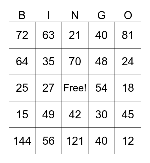 Multiplication Bingo Card