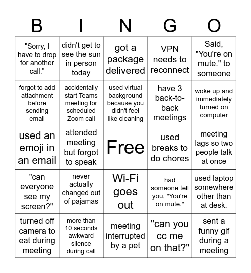 Telework Bingo Card