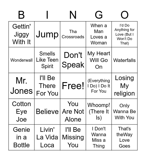 90's Music Bingo! Bingo Card