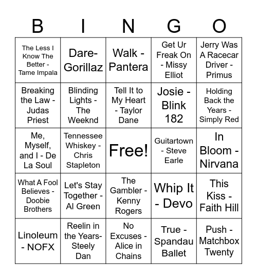 Song Bingo Card