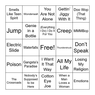 90's Music Bingo Card