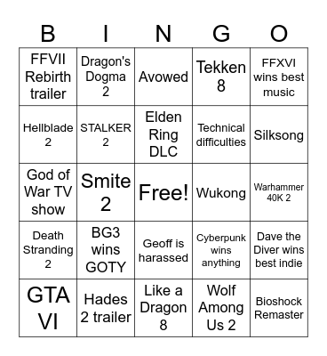 Game Awards 2023 Bingo Card