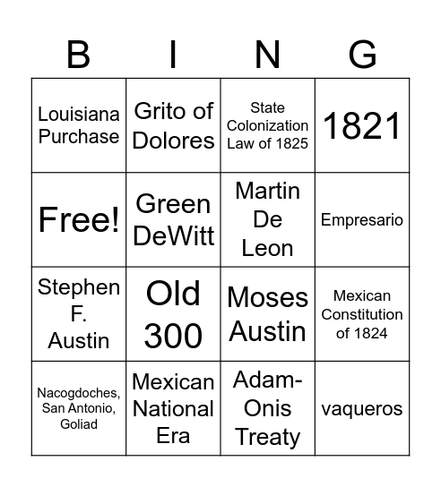 Mexican National Era Bingo Card