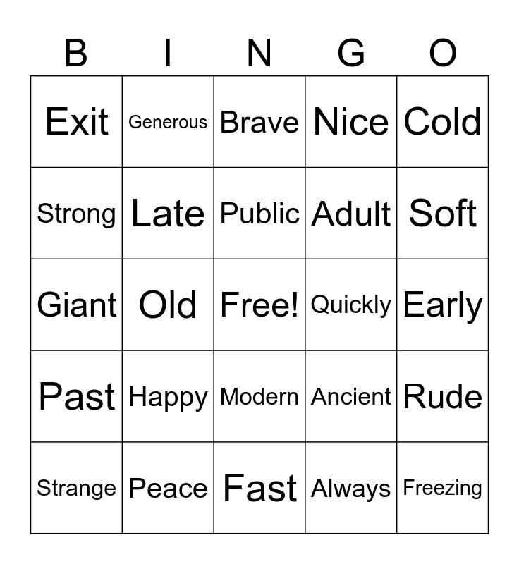 Antonyms Bingo Card