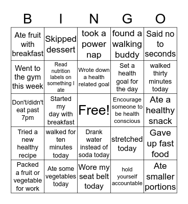 Health and Wellness Bingo Card