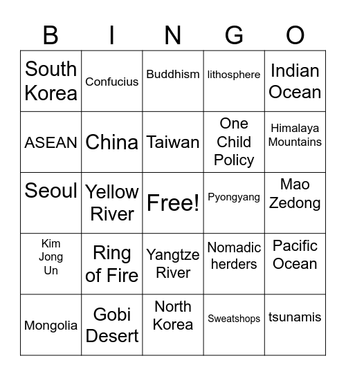 East Asia Bingo (Miriam) Bingo Card
