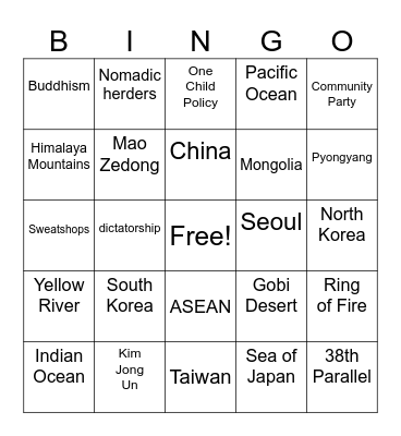 east asia bingo (anthony madrueno) Bingo Card