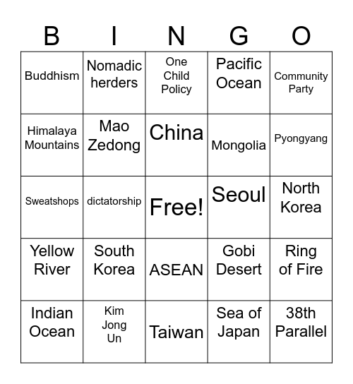 east asia bingo (anthony madrueno) Bingo Card