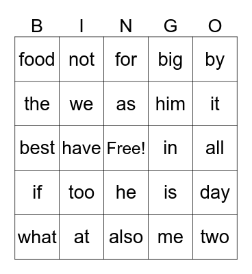 Sight Words 1-70 Bingo Card