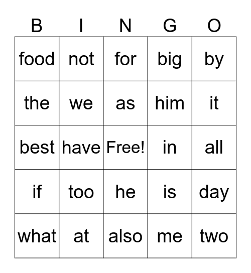 Sight Words 1-70 Bingo Card